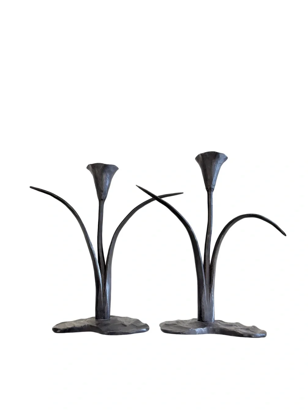 Vintage Hand Forged Iron Calla Lily Candlesticks Pair Brutalist Sculptural